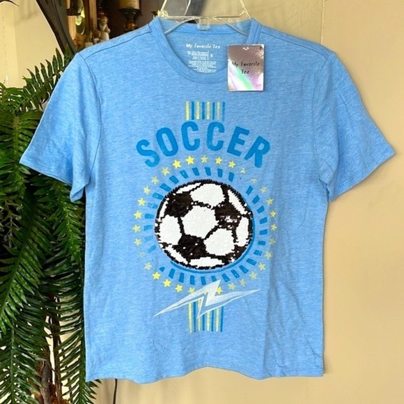 Brand New My Favorite Tee Blue Short Sleeve Shirt Flip Sequin Soccer Ball Top - Picture 1 of 11
